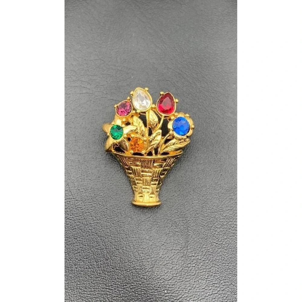 Vintage Monet Flower Basket Gold Tone Brooch Pin Multi Color Rhinestones